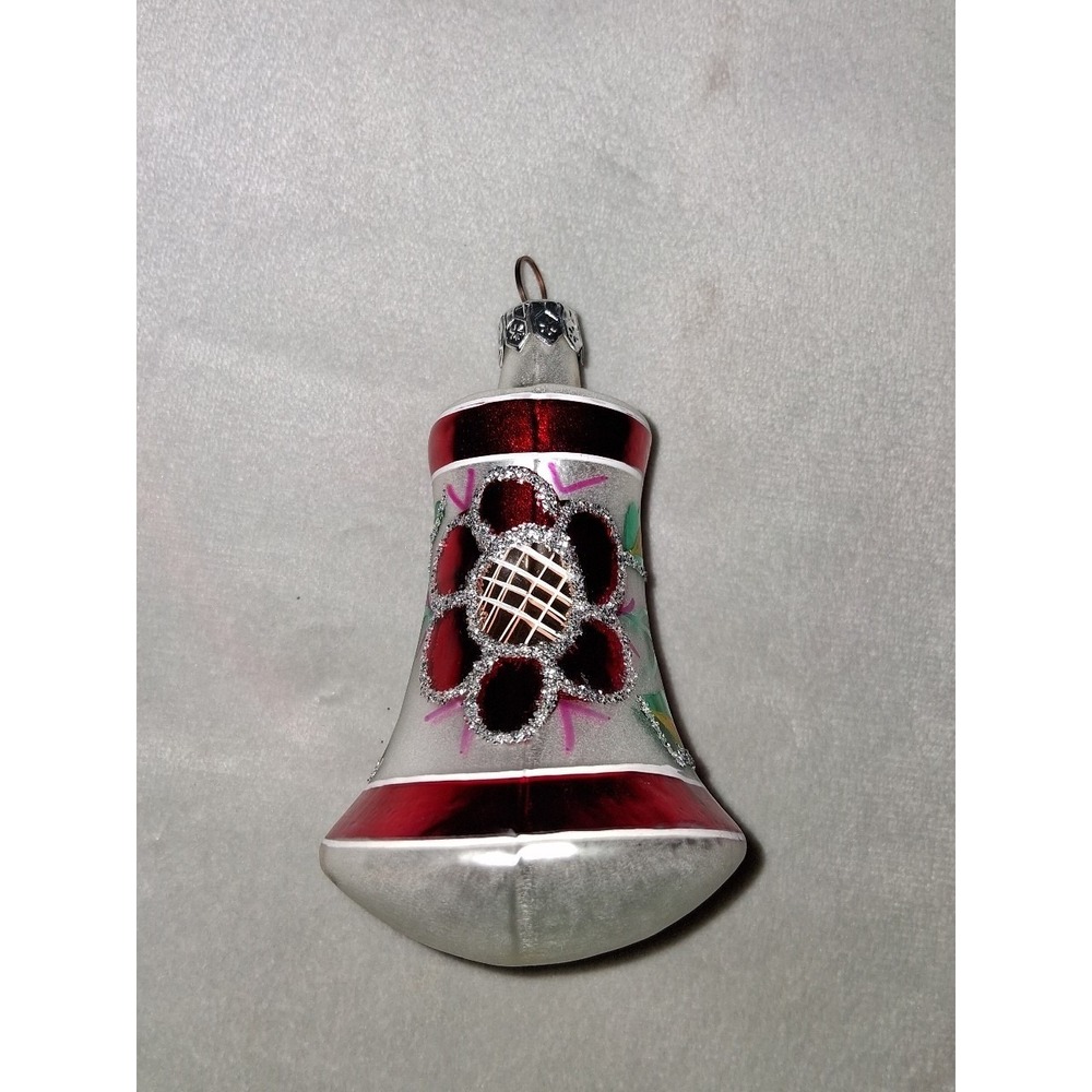 Vintage Poland Glass Bell Christmas Ornament Hand Painted Floral Glitter 4"